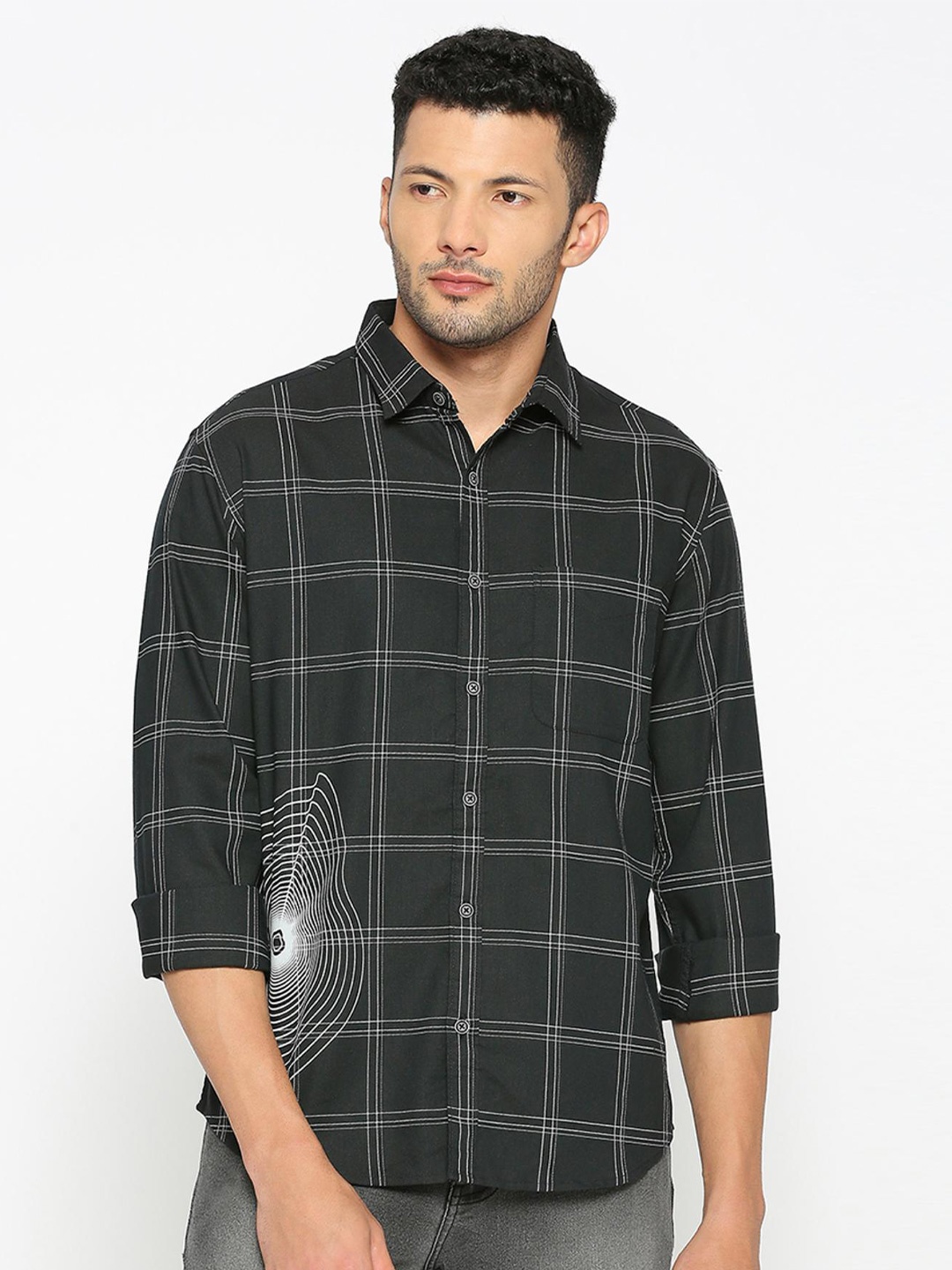 

SNX Tailored Fit Windowpane Checks Opaque Checked Cotton Casual Shirt, Black