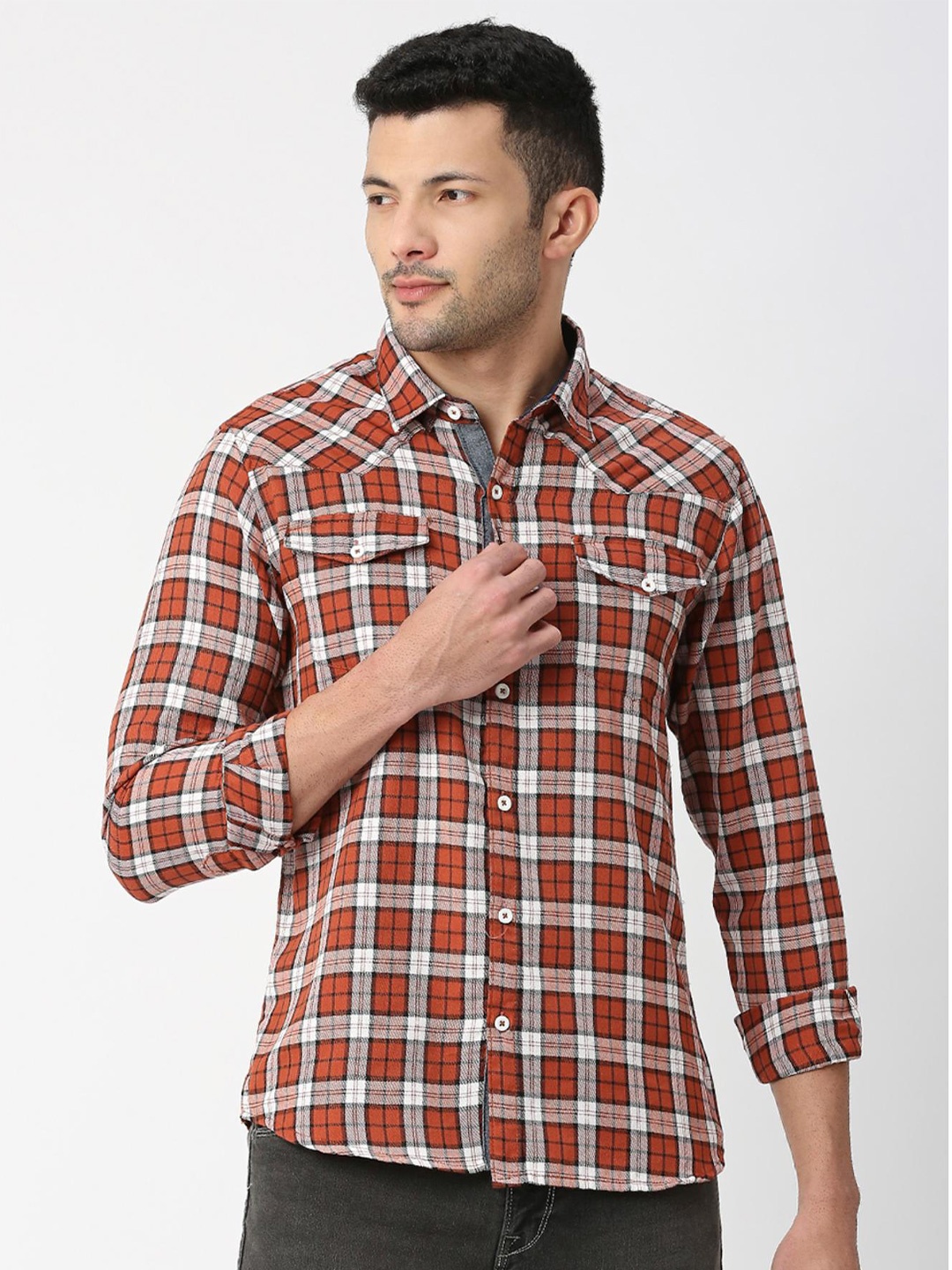 

SNX Tailored Fit Tartan Checks Opaque Checked Cotton Casual Shirt, Red