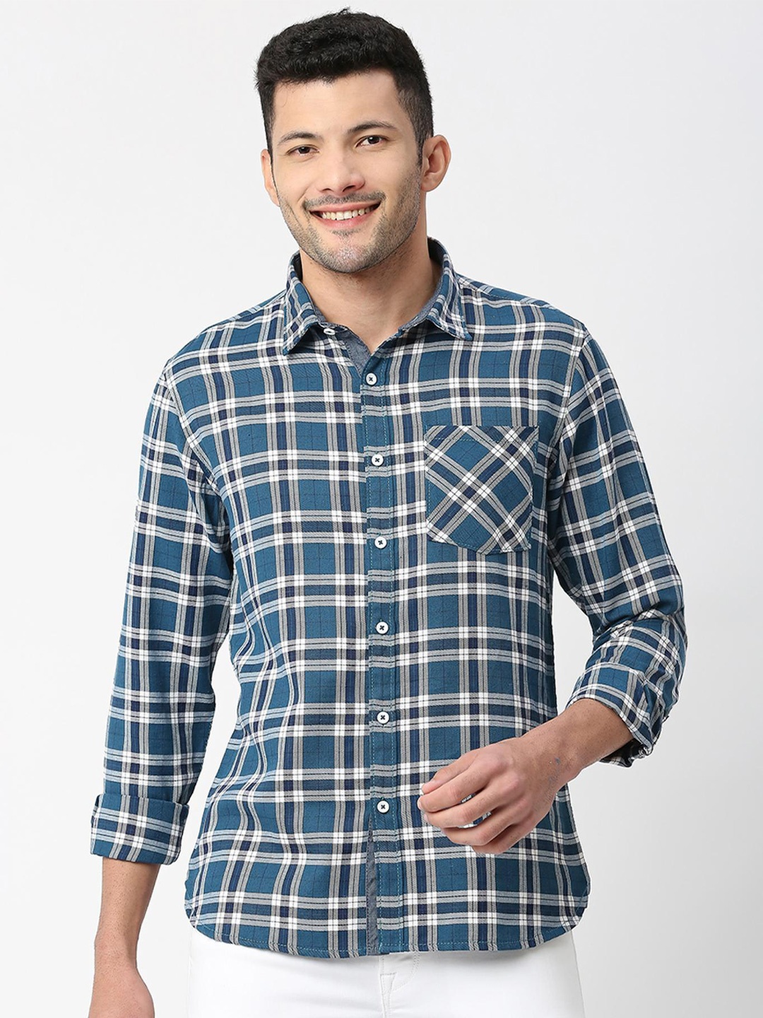 

SNX Tailored Fit Spread Collar Tartan Checks Checked Casual Shirt, Blue