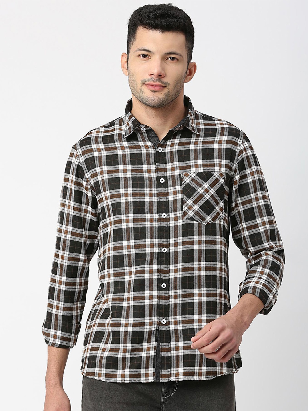 

SNX Tailored Fit Tartan Checks Opaque Checked Cotton Casual Shirt, Brown