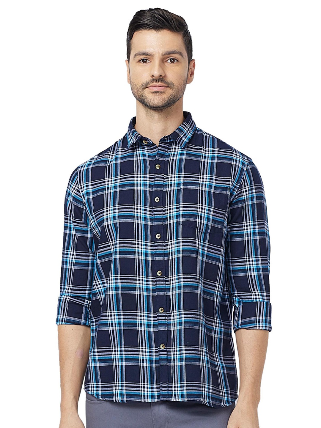 

SNX Tailored Fit Tartan Checks Opaque Checked Cotton Casual Shirt, Navy blue