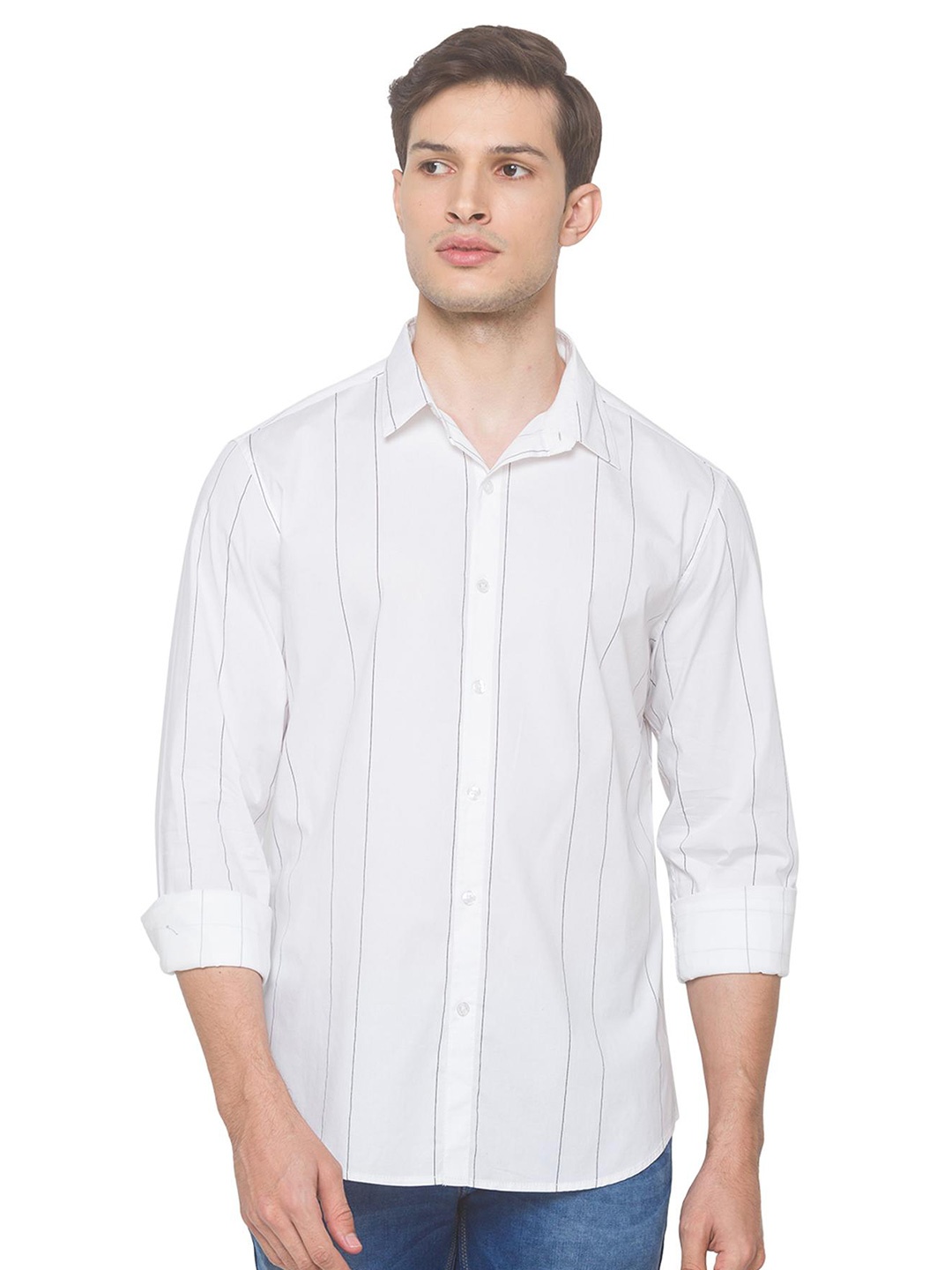 

SNX Tailored Fit Opaque Striped Cotton Casual Shirt, White