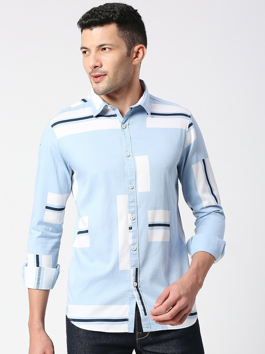 

SNX Tailored Fit Opaque Abstarct Printed Cotton Casual Shirt, Blue