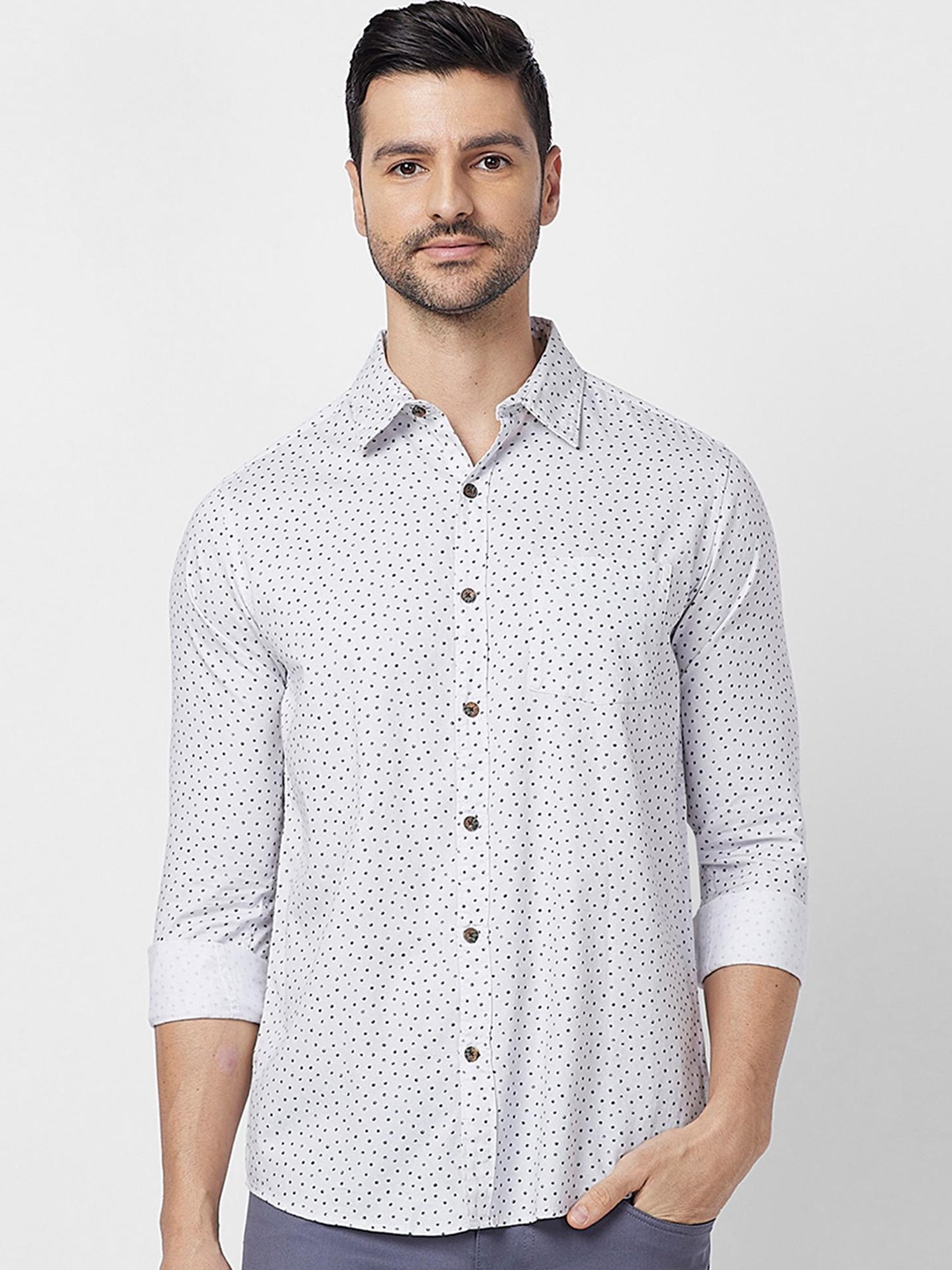 

SNX Tailored Fit Spread Collar Printed Cotton Casual Shirt, Grey