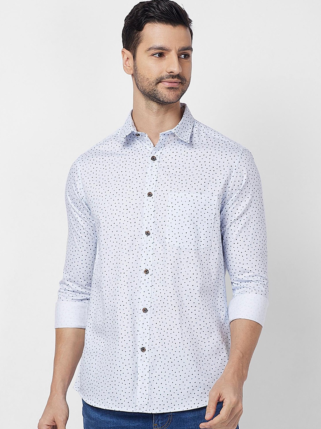 

SNX Men Tailored Fit Polka Dots Printed Cotton Spread Collar Casual Shirt, Blue