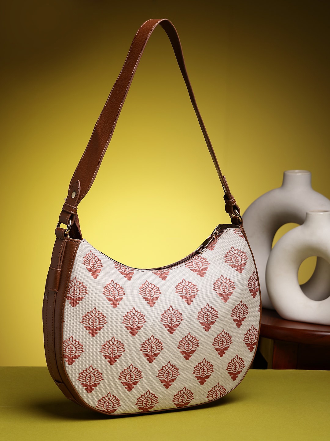 

Anouk Tan Brown Floral Printed Half Moon Handheld Bag