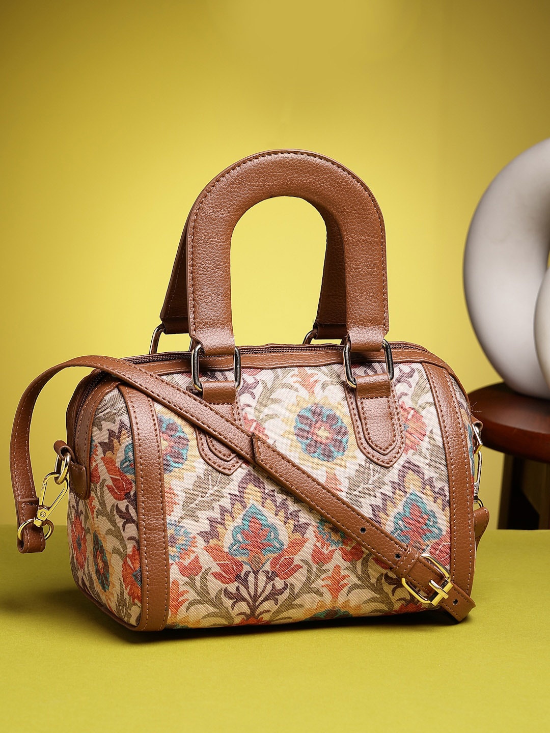 

Anouk Tan Brown Floral Printed Bowling Handheld Bag