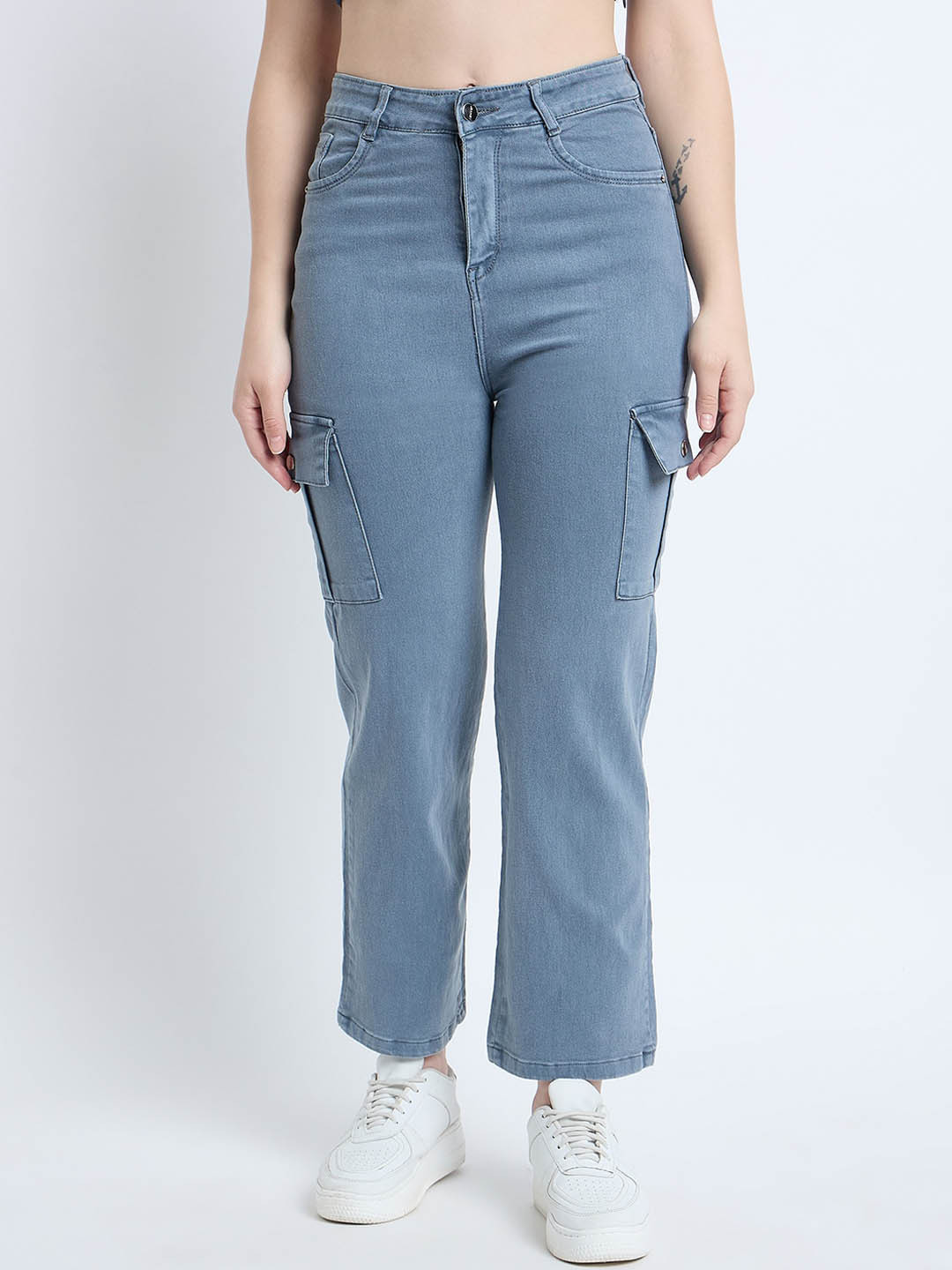 

TULIP 21 Women Hottie Straight Fit High-Rise Denim Cargo Jeans, Grey