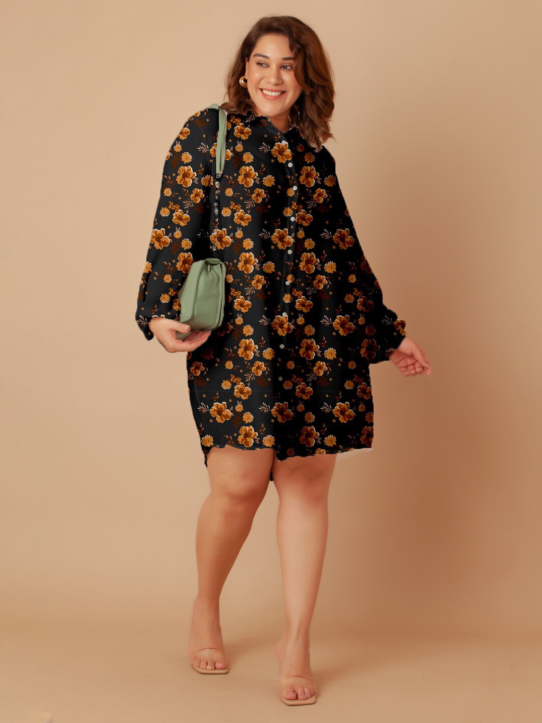 

Zink Curve Spread Collar Long Puff Sleeves Floral Printed Casual Oversized Plus Size Shirt, Black