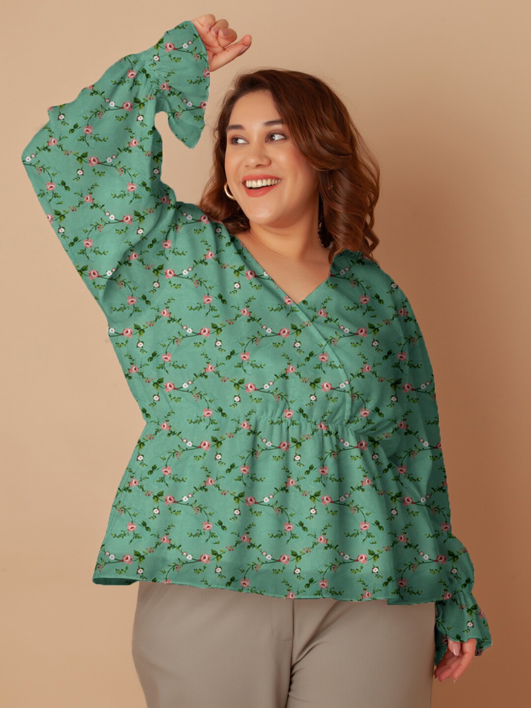 

Zink Curve Plus Size Floral Printed Puff Sleeves Peplum Top, Green