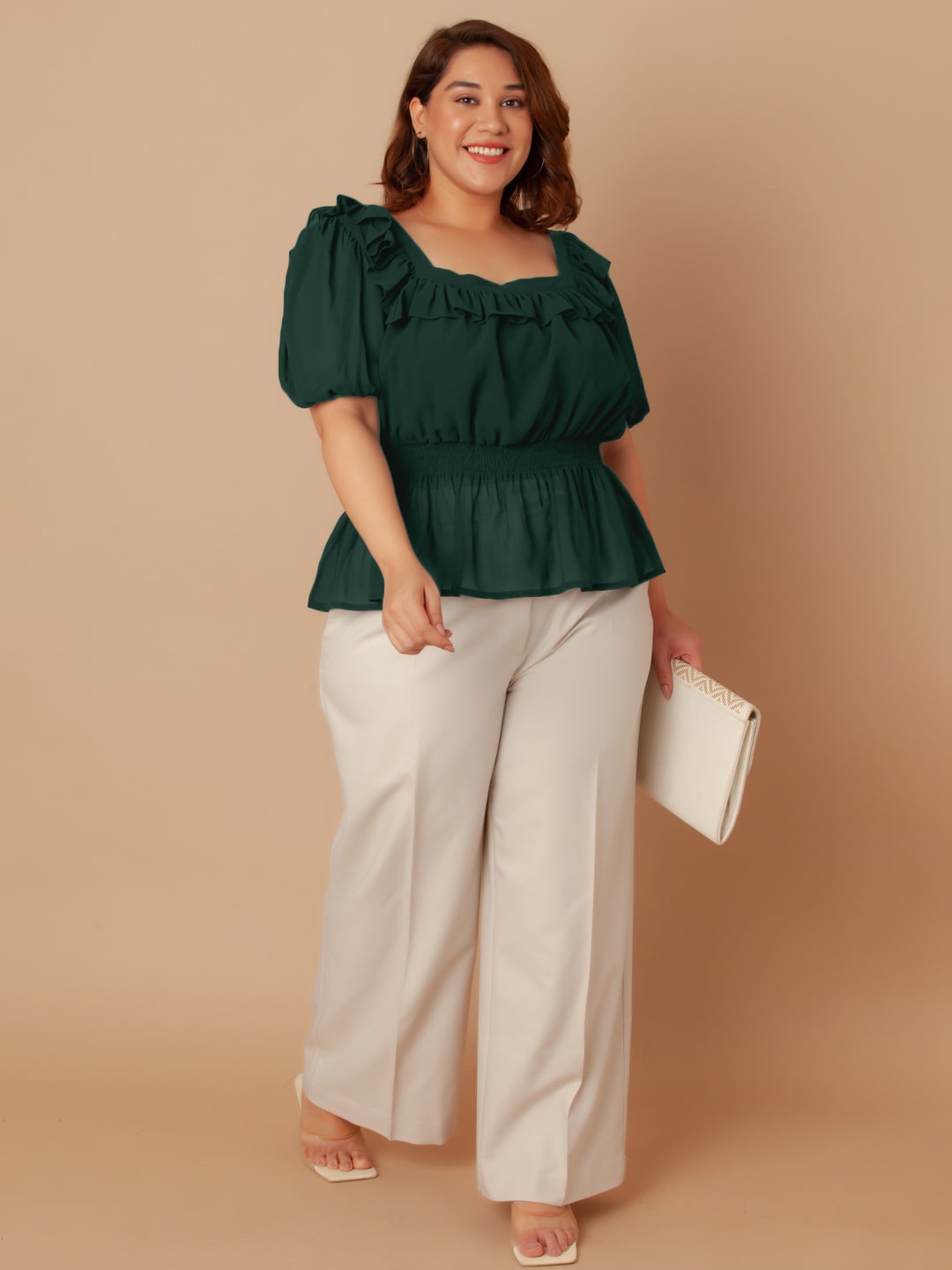 

Zink Curve Plus Size Square Neck Puff Sleeves Peplum Top, Green