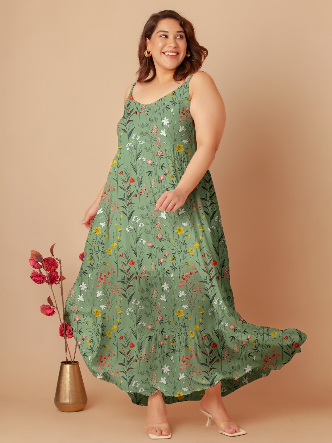 

Zink Curve Floral Printed Shoulder Straps Smocked Maxi Dress, Green