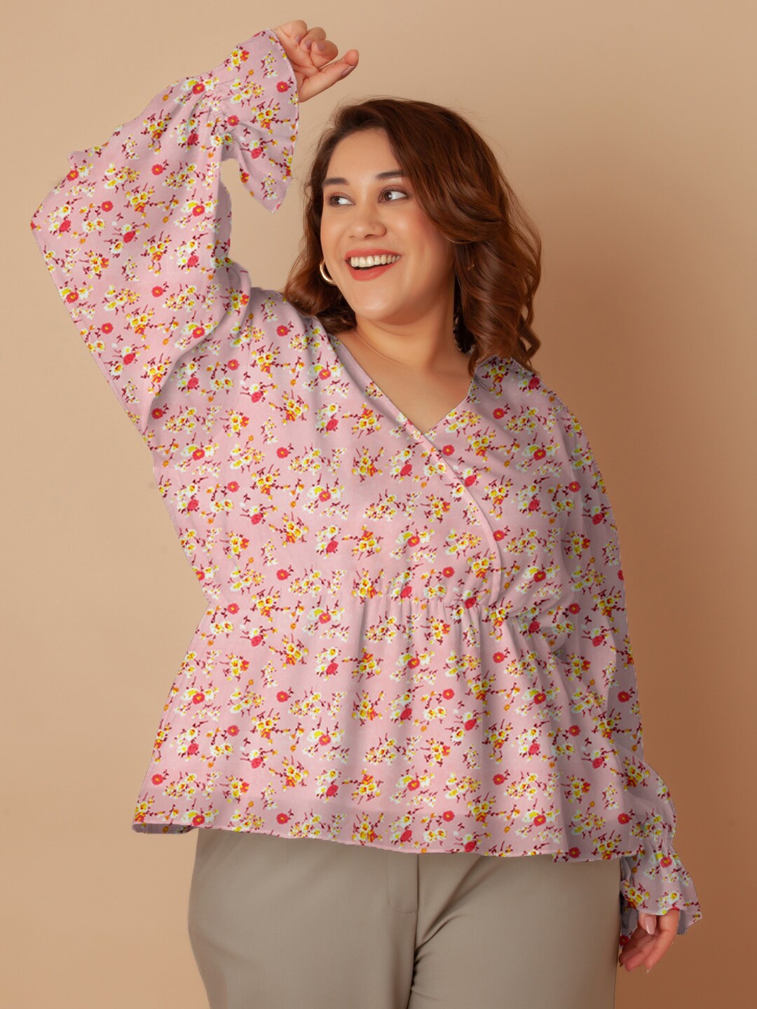 

Zink Curve Plus Size Floral Printed Puff Sleeves Peplum Top, Pink