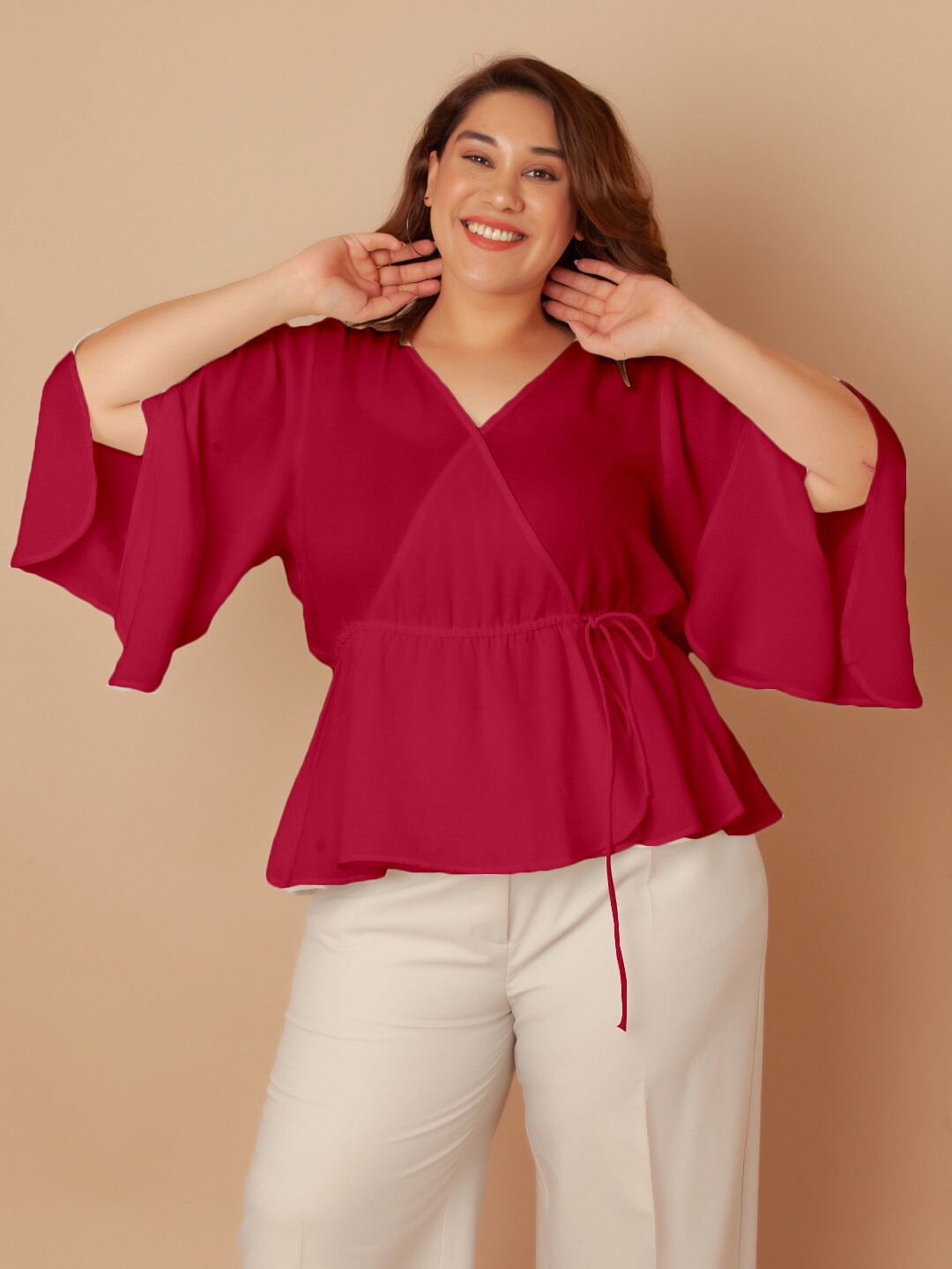 

Zink Curve Plus Size Flared Sleeves Wrap Top, Pink