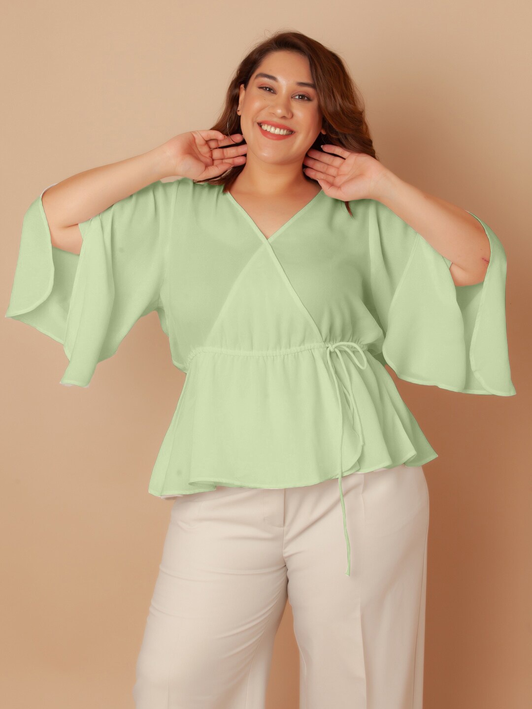 

Zink Curve Plus Size Flared Sleeves Cotton Wrap Top, Green