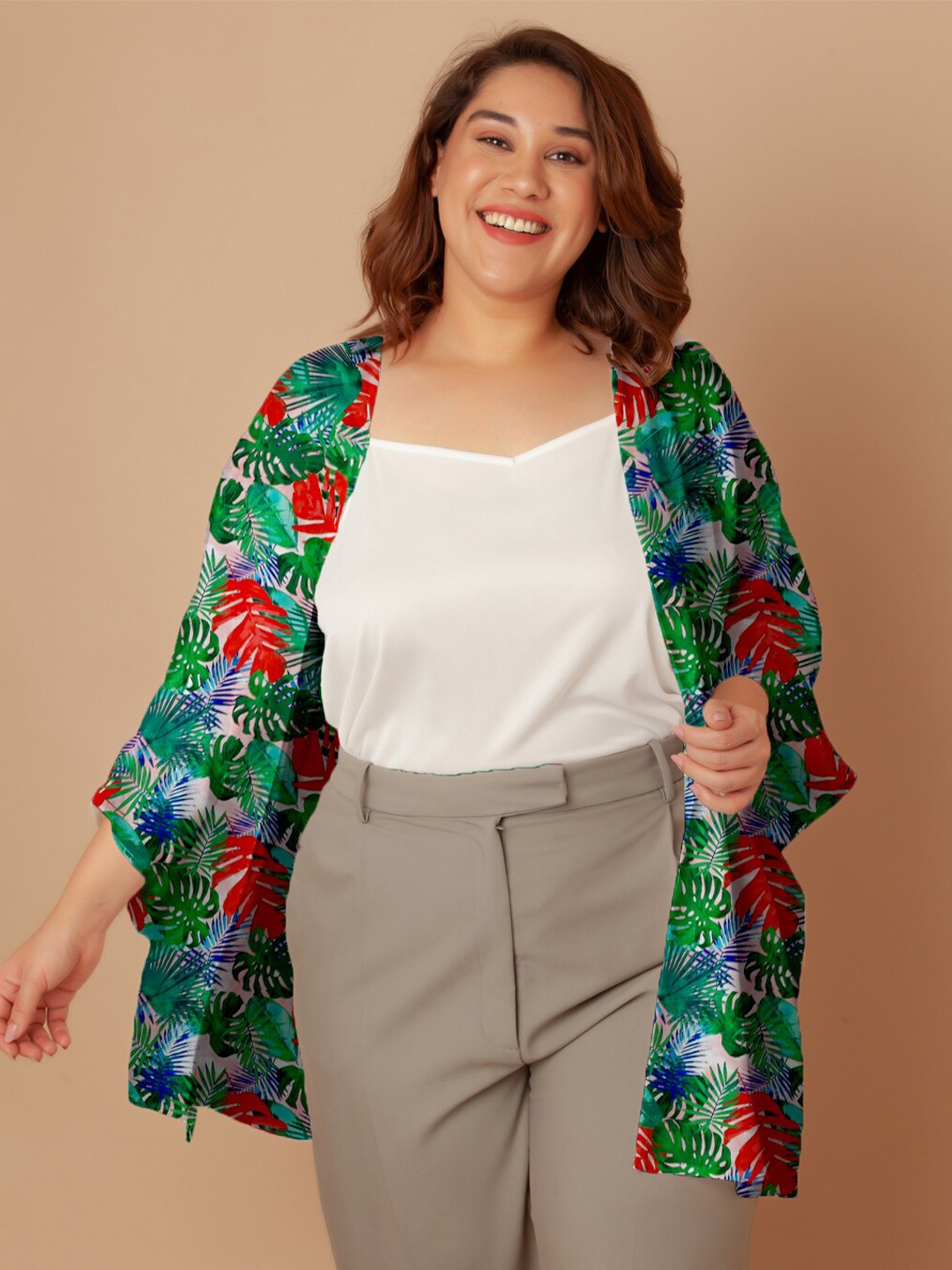 

Zink Curve Plus Size Floral Printed Peplum Shrug, Green