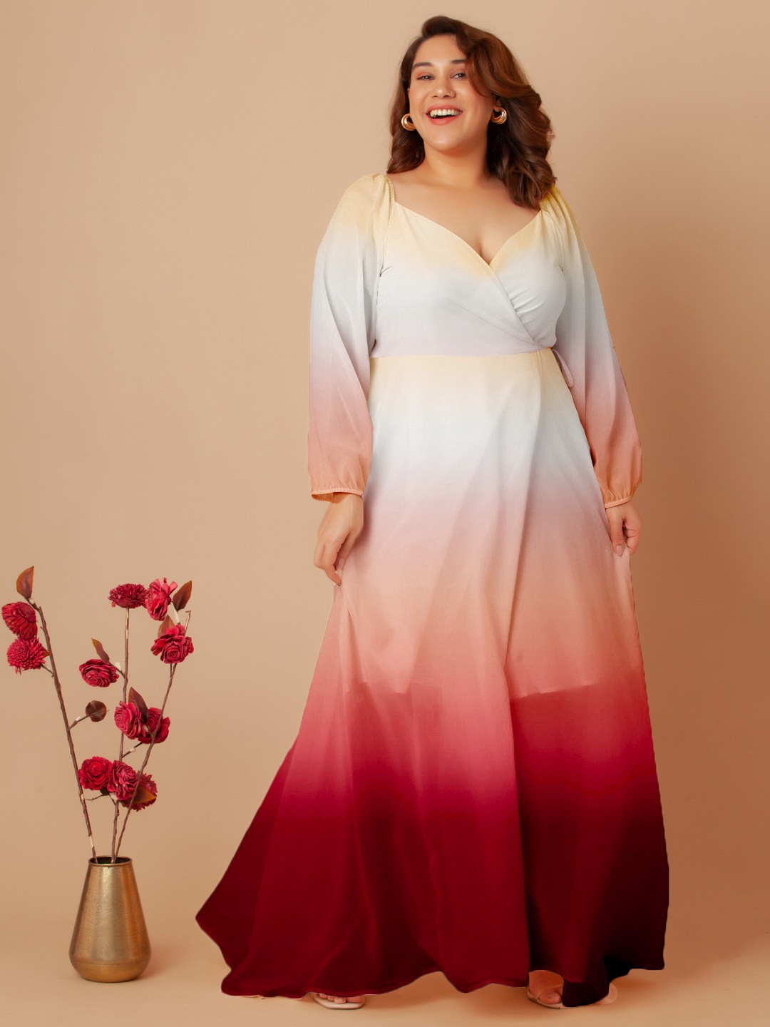 

Zink Curve Tie and Dye Dyed Maxi Plus Size Dress, Beige