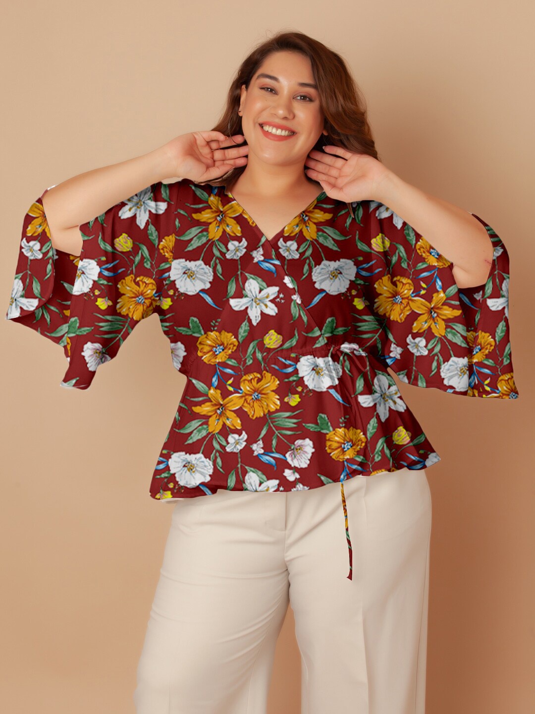 

Zink Curve Plus Size Floral Printed Flared Sleeves Wrap Top, Red