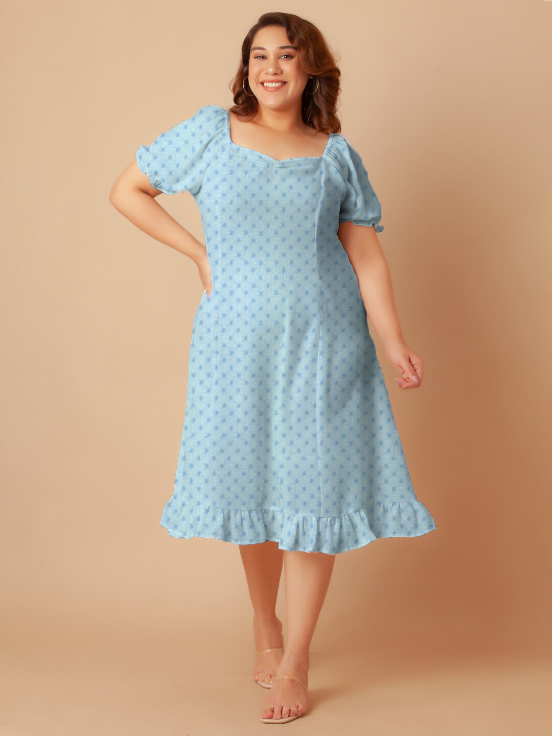 

Zink Curve Polka Dot Printed Puff Sleeves Gathered Midi A-Line Dress, Blue