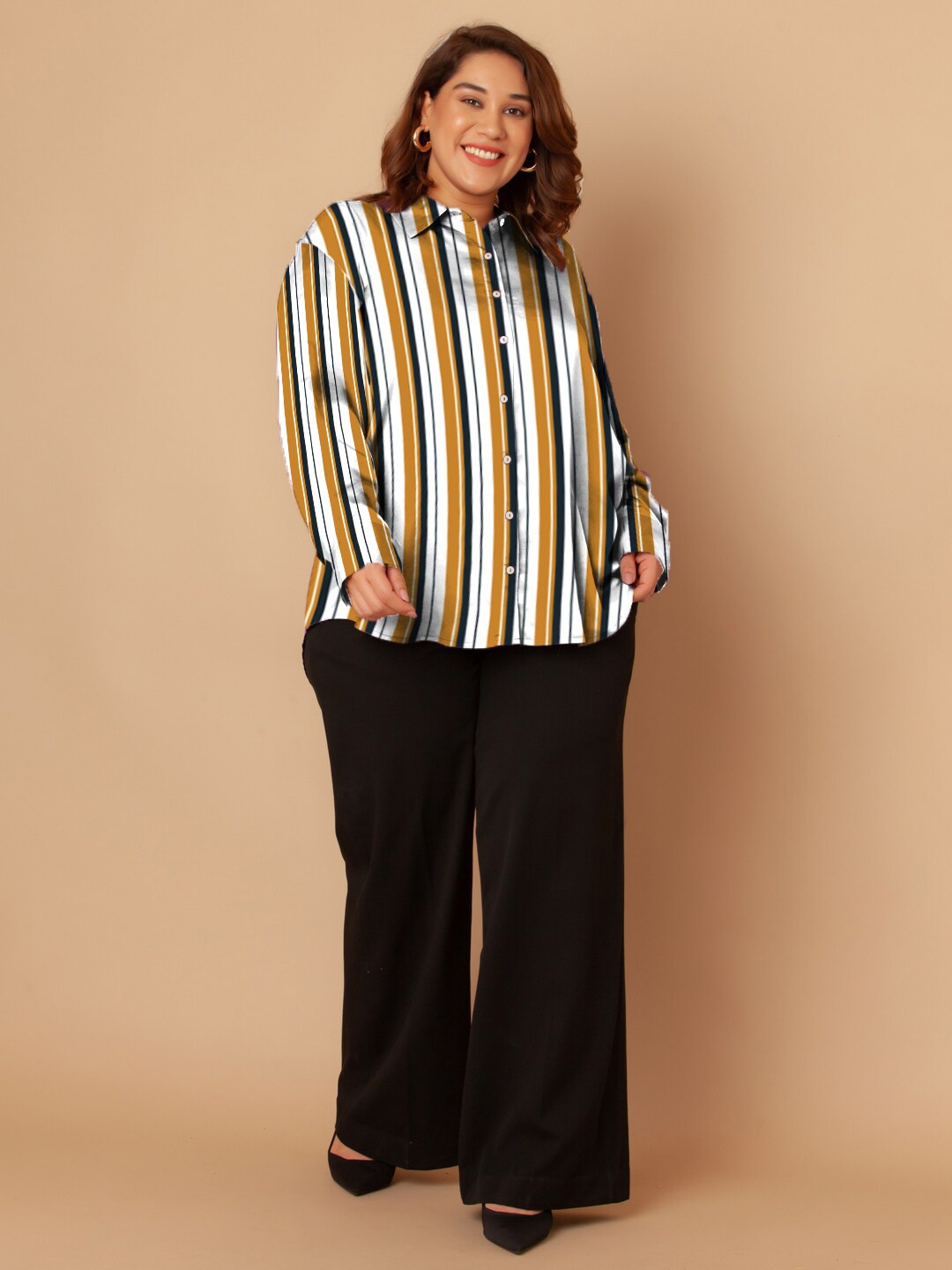 

Zink Curve Spread Collar Long Long Sleeves Striped Casual Oversized Plus Size Shirt, White