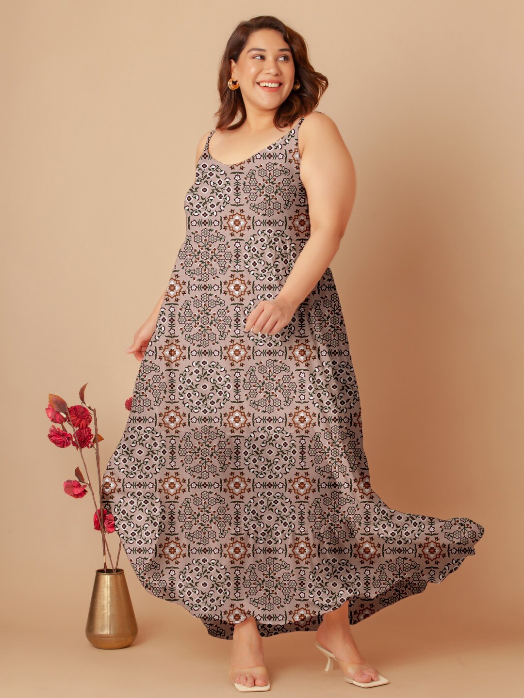 

Zink Curve Ethnic Motifs Printed Shoulder Straps Maxi Dress, Peach