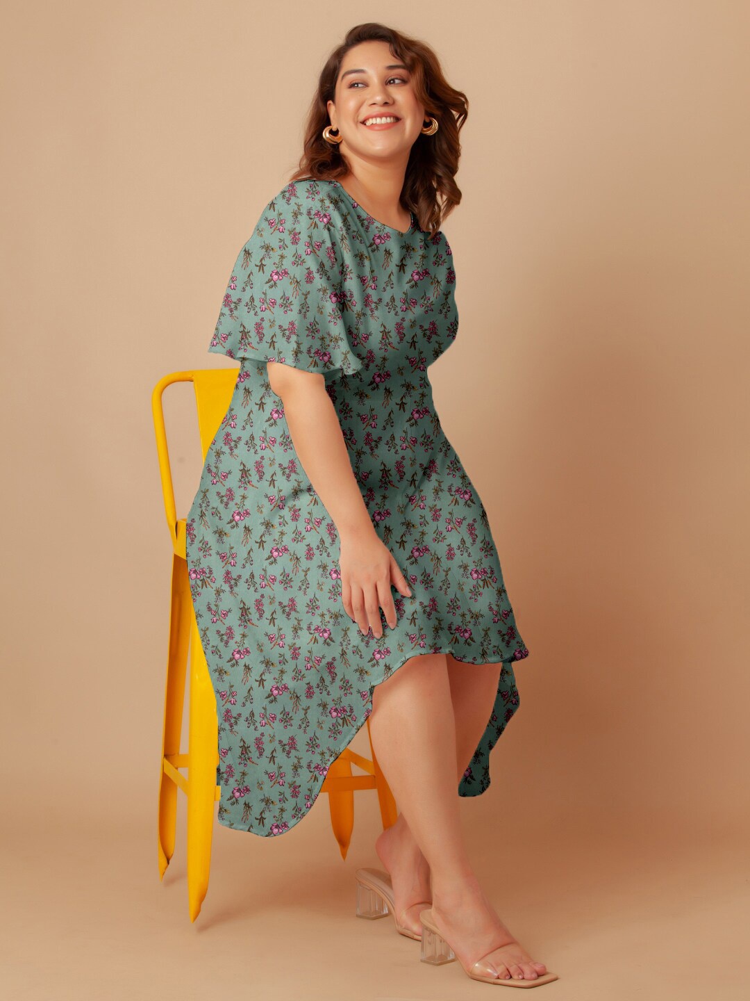 

Zink Curve Floral Print Fit and Flare Midi Plus Size Dress, Green