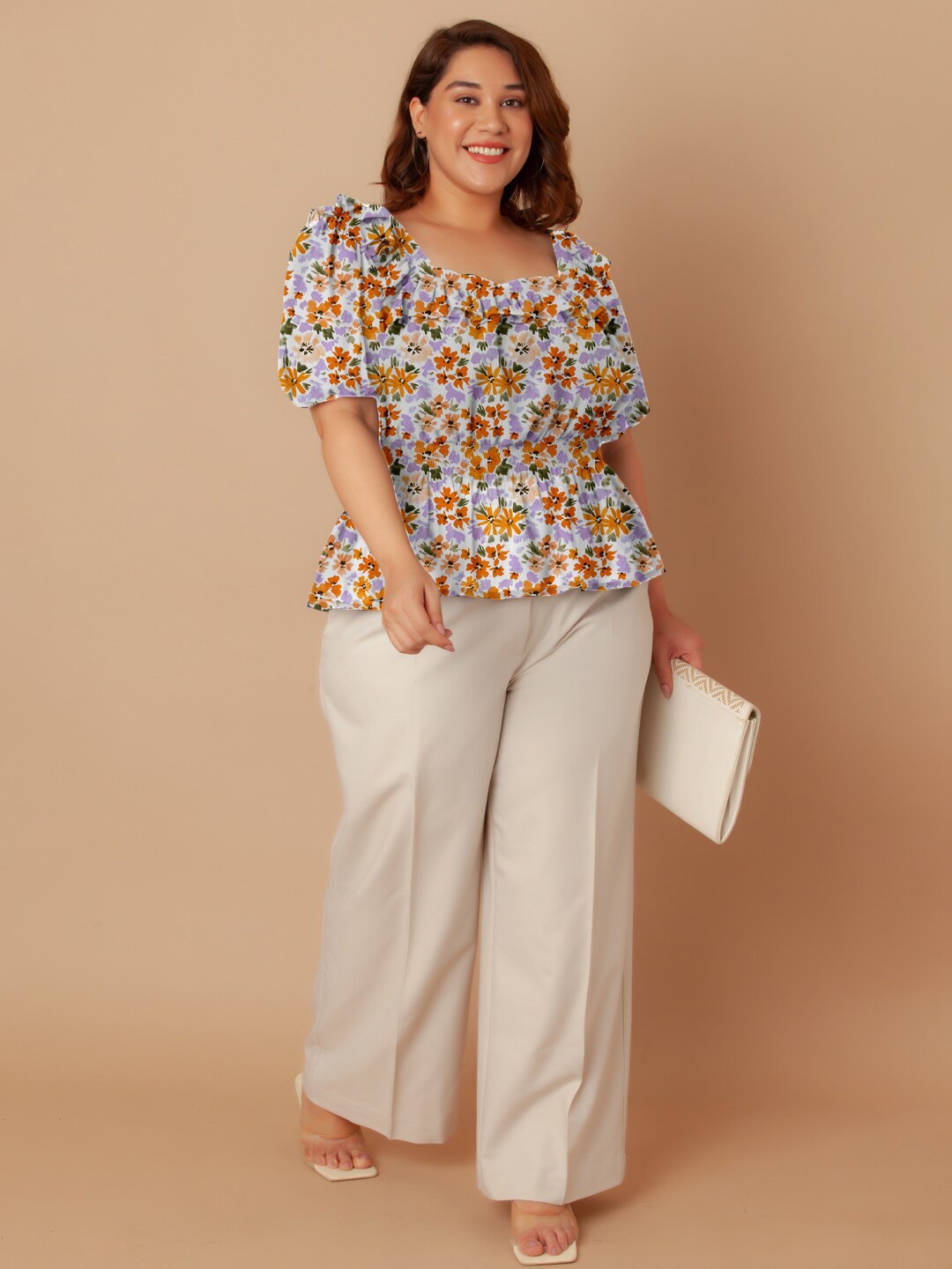 

Zink Curve Plus Size Floral Printed Square Neck Peplum Top, White