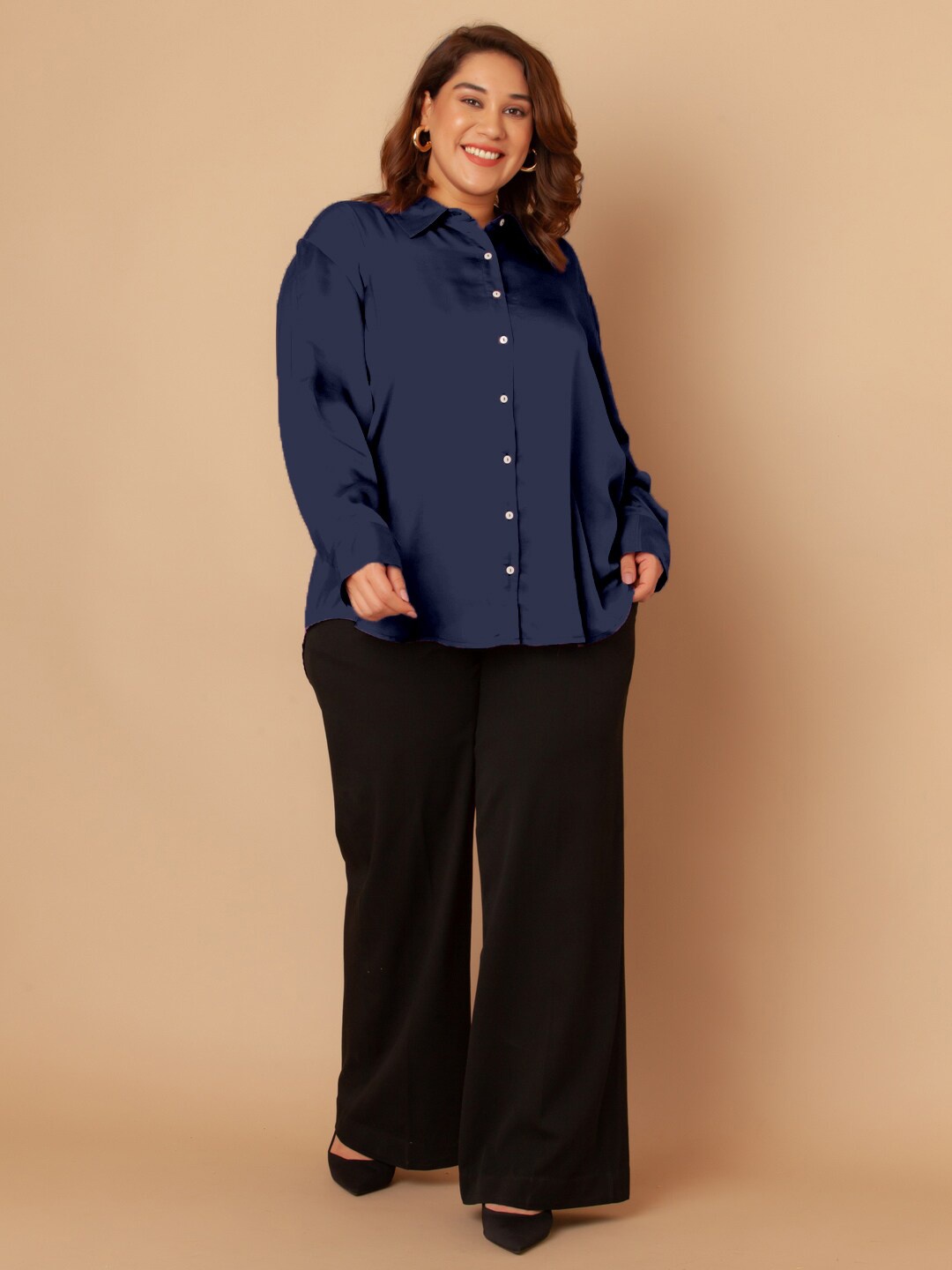 

Zink Curve Spread Collar Long Sleeves Oversized Casual Plus Size Shirt, Blue