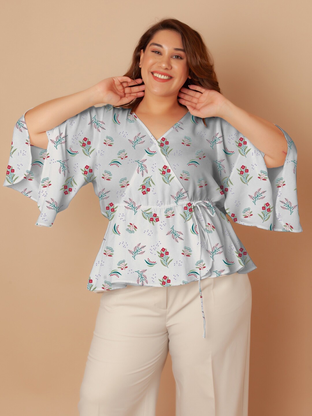 

Zink Curve Plus Size Floral Printed Flared Sleeves Peplum Top, White