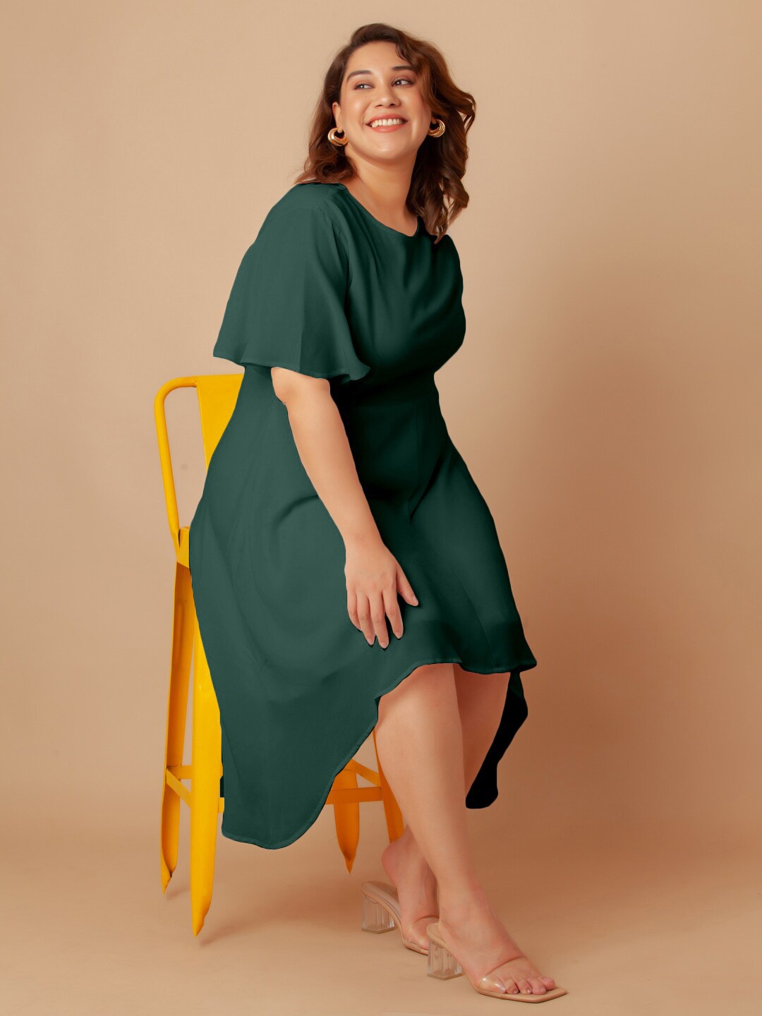 

Zink Curve Flared Sleeves Midi A-Line Dress, Green