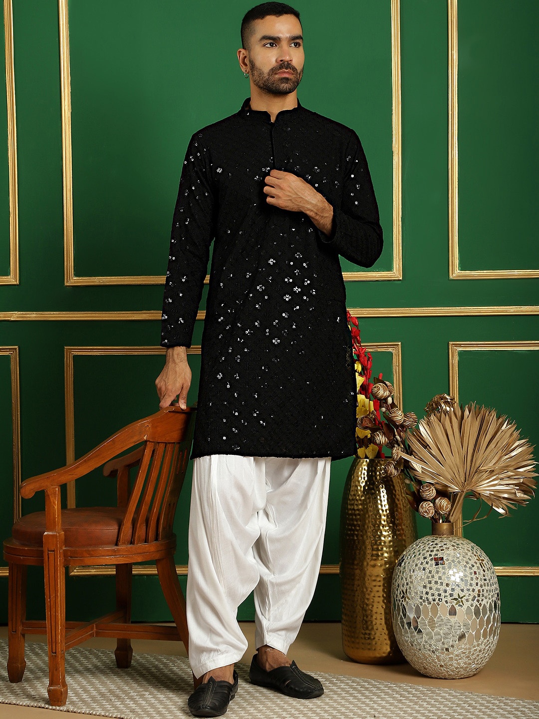 

Jompers Ethnic Motifs Embroidered Mandarin Collar Sequinned Pure Cotton Kurta with Salwar, Black