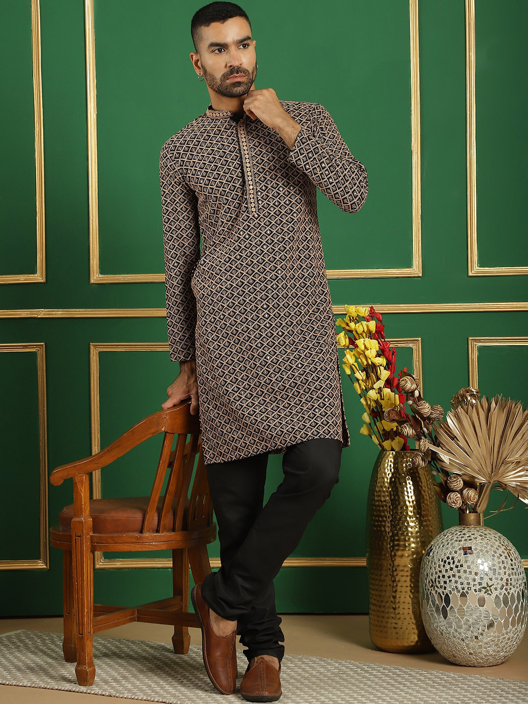 

Jompers Ethnic Embroidered Mandarin Collar Sequinned Pure Cotton Kurta with Churidar, Black