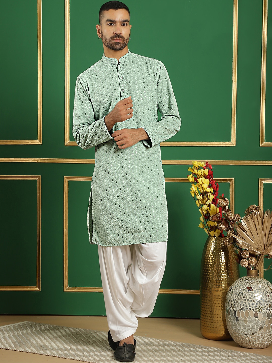 

Jompers Ethnic Motifs Embroidered Mandarin Collar Sequinned Pure Cotton Kurta with Salwar, Green