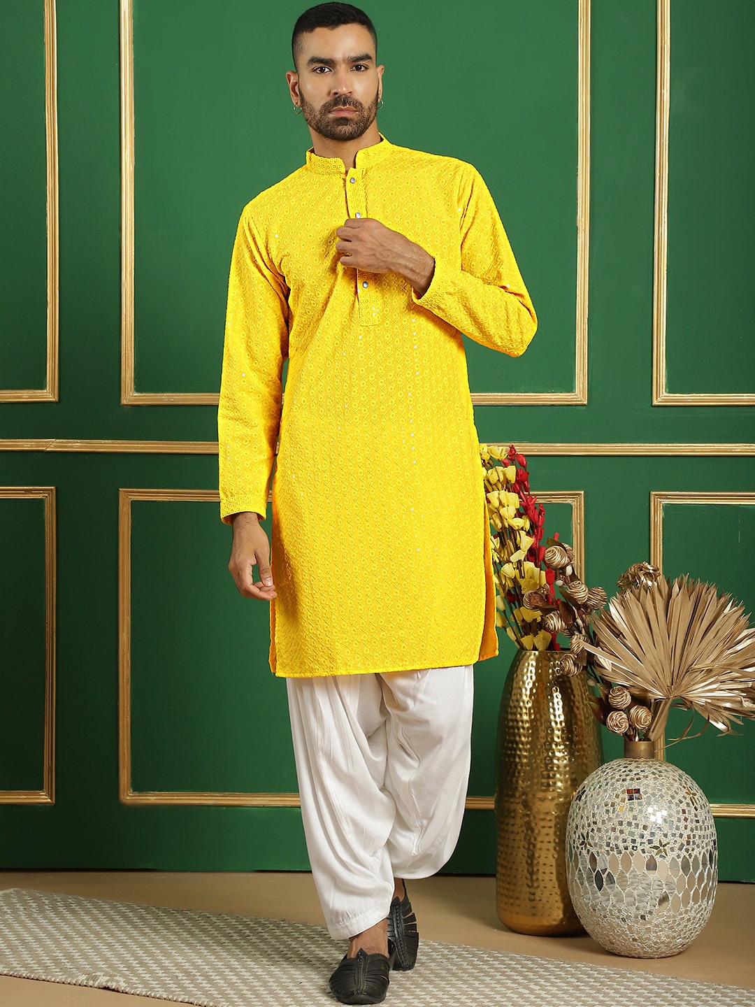 

Jompers Floral Embroidered Mandarin Collar Sequinned Pure Cotton Kurta with Salwar, Yellow