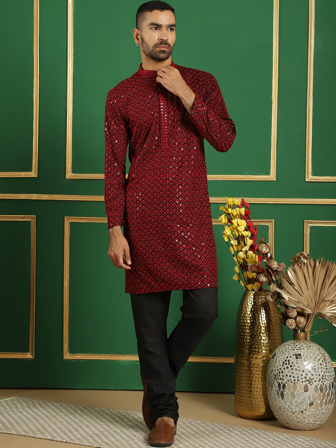 

Jompers Ethnic Embroidered Mandarin Collar Sequinned Pure Cotton Kurta with Churidar, Red