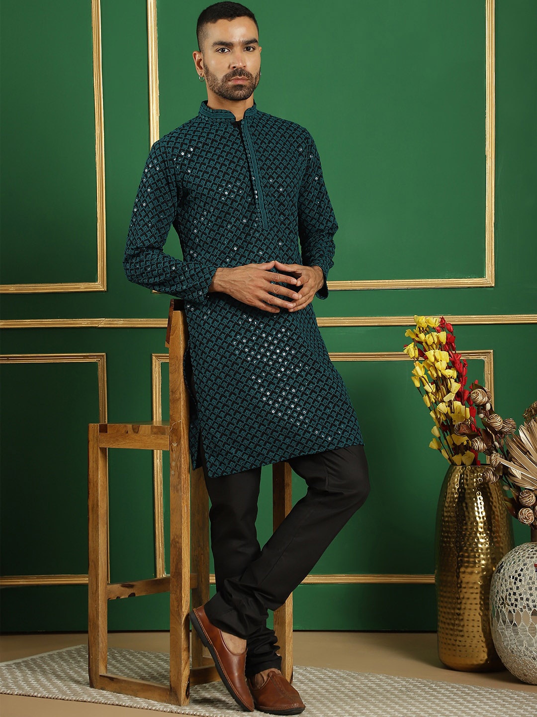 

Jompers Ethnic Embroidered Mandarin Collar Sequinned Pure Cotton Kurta with Churidar, Green