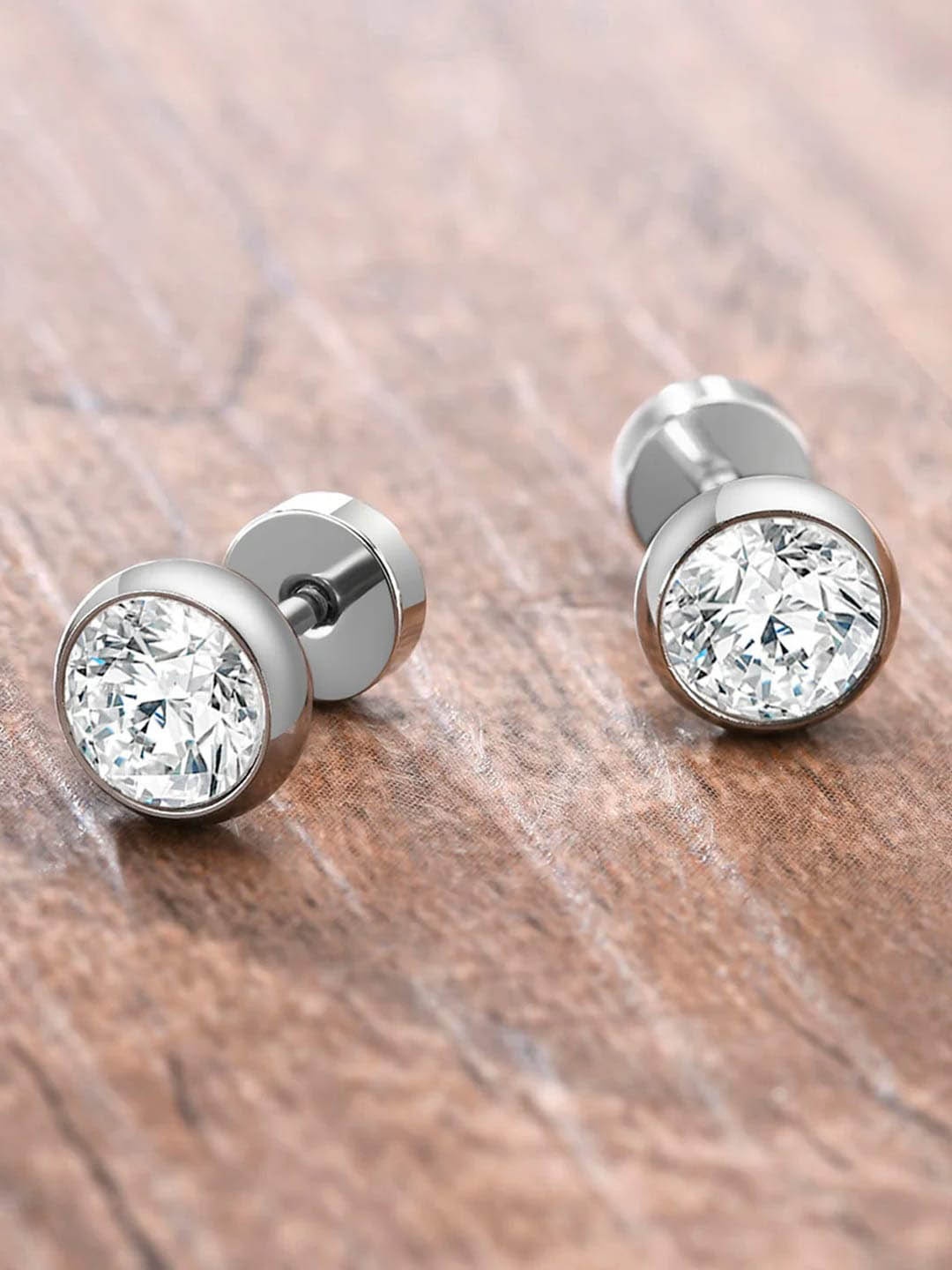 

FIMBUL Men Stainless Steel Stones Studded Circular Studs Earrings, Silver
