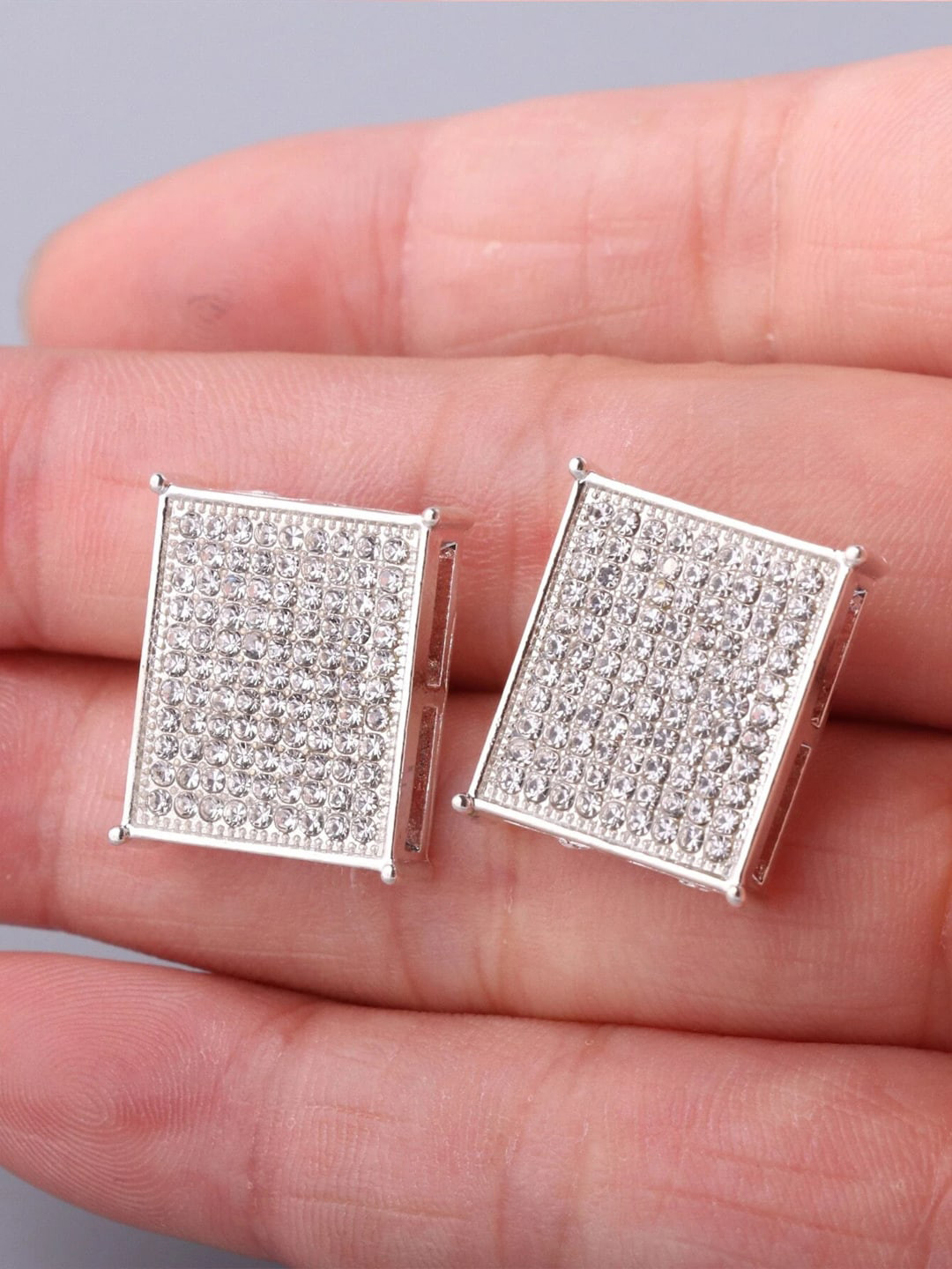 

FIMBUL Men Stainless Steel Cubic Zirconia Studded Square Studs Earrings, Silver