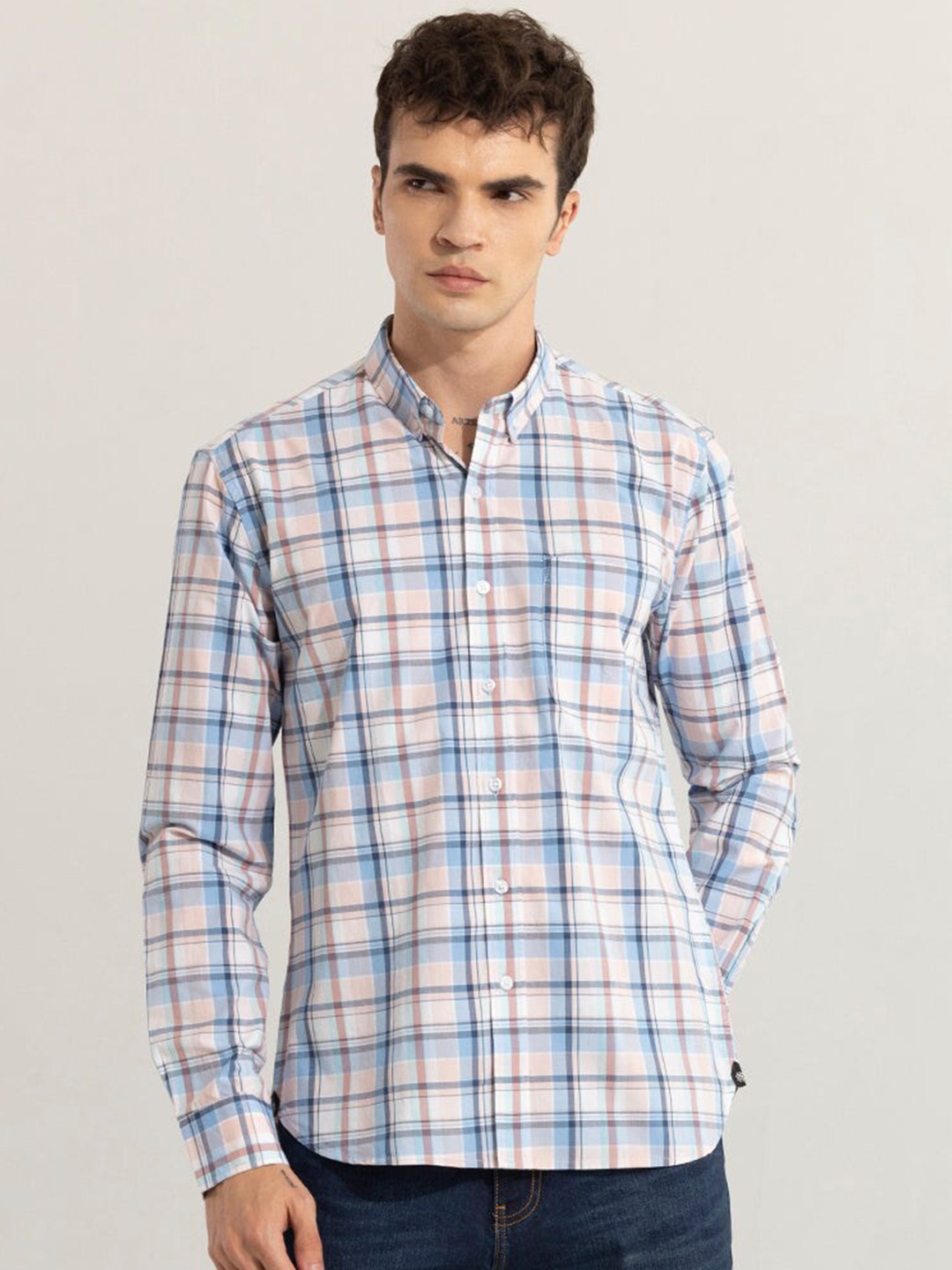 

Snitch Pink Classic Slim Fit Tartan Checked Button-Down Collar Cotton Casual Shirt