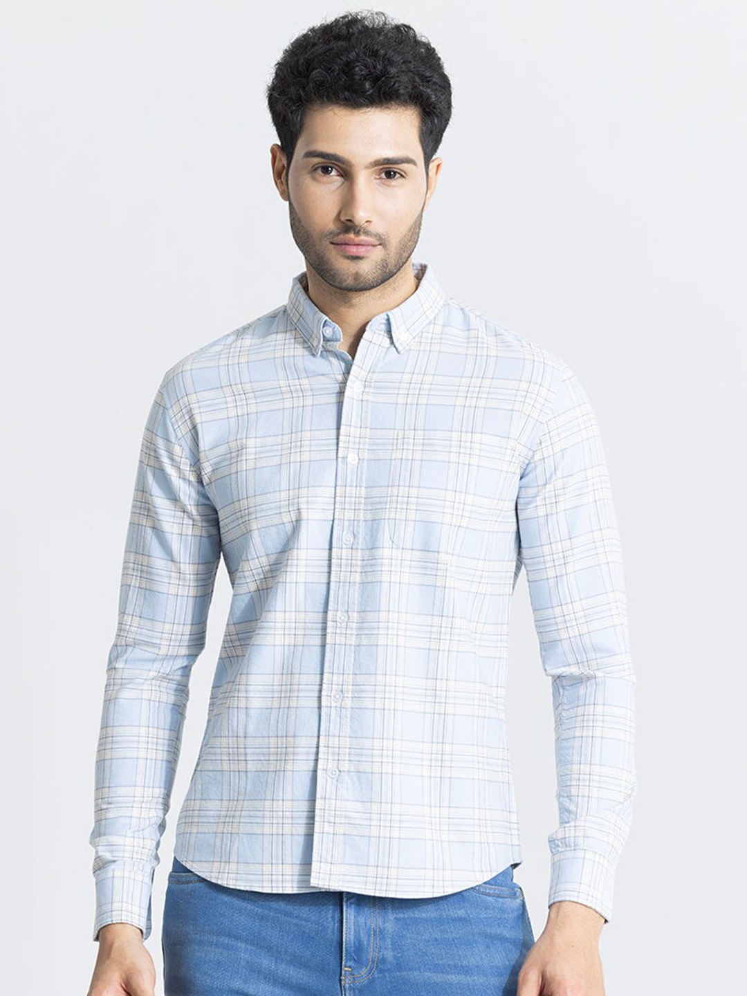

Snitch Blue Classic Slim Fit Tartan Checked Button-Down Collar Cotton Casual Shirt