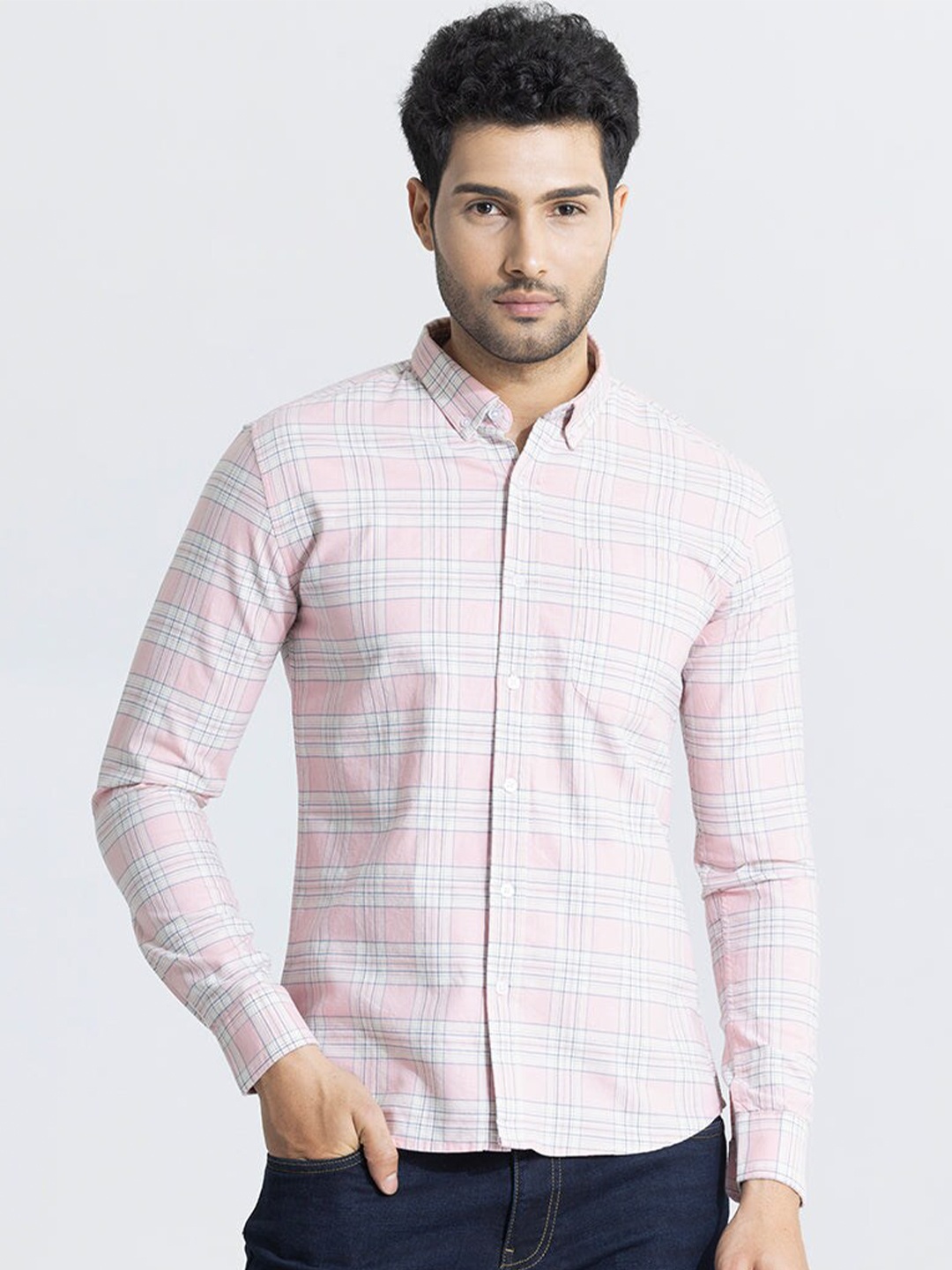 

Snitch Pink Classic Slim Fit Tartan Checked Button-Down Collar Cotton Casual Shirt