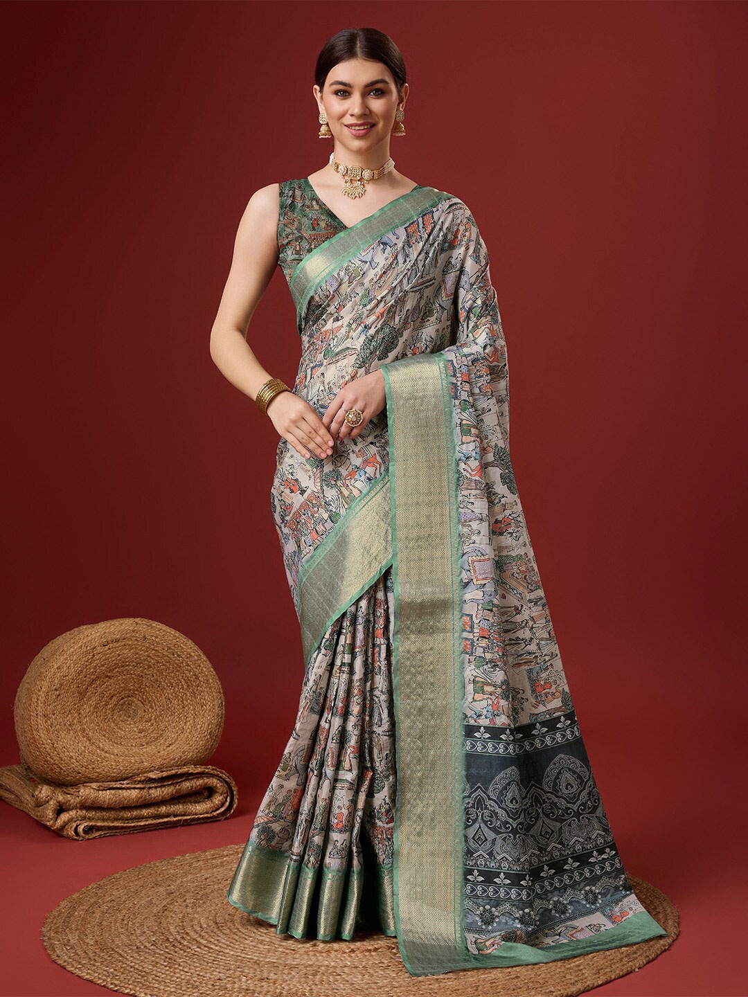 

Ishin Abstract Printed Zari Saree, Grey