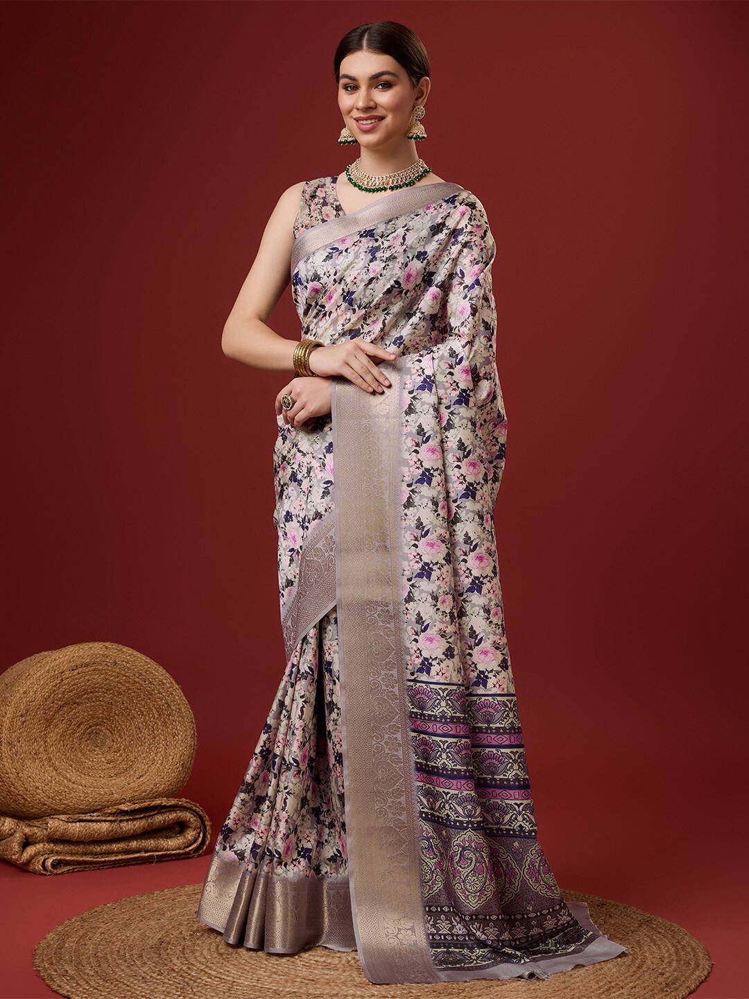 

Ishin Floral Printed Zari Saree, White
