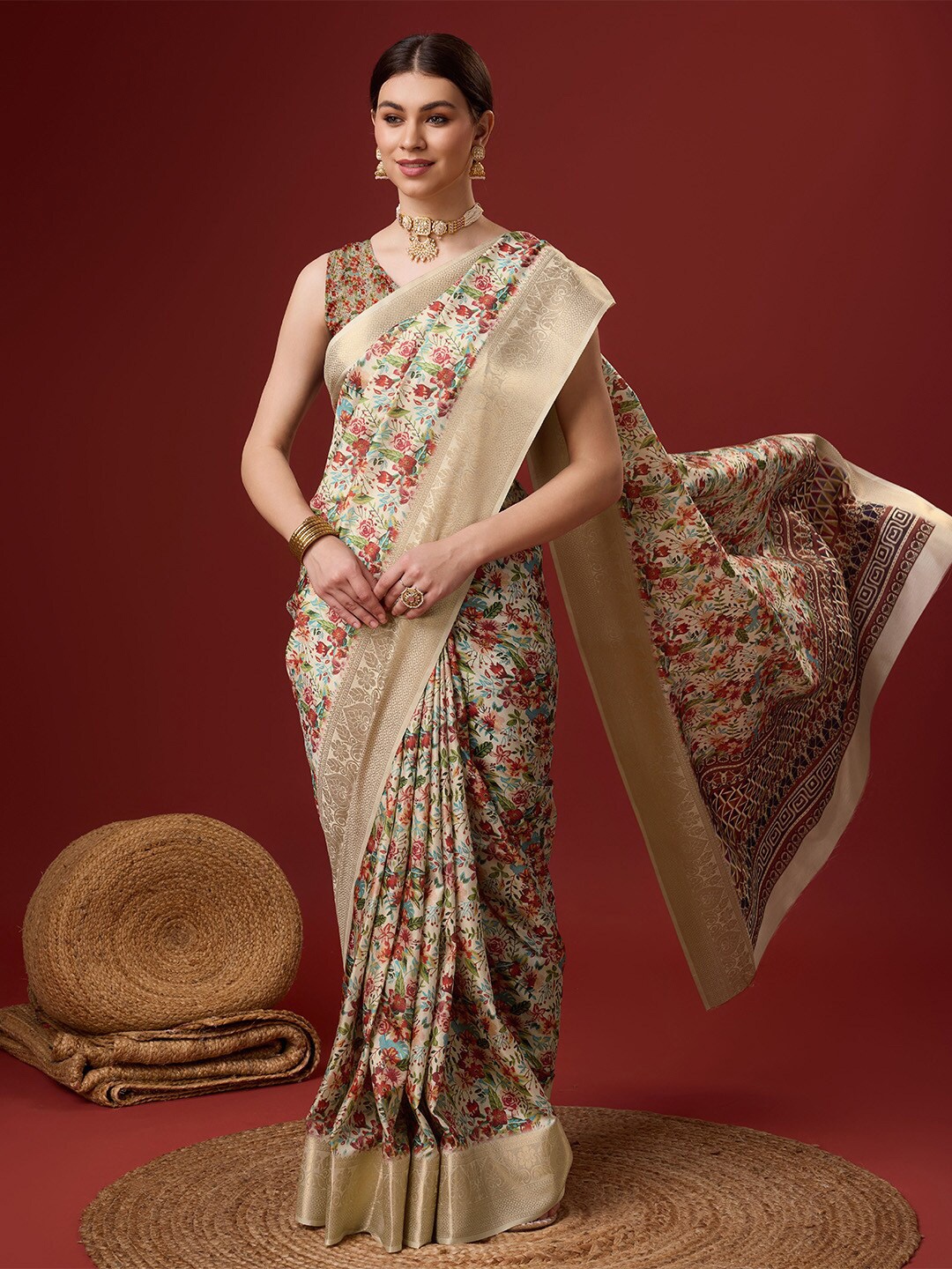 

Ishin Floral Printed Zari Saree, White