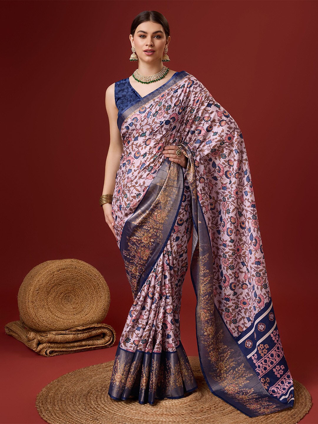 

Ishin Floral Printed Zari Saree, Pink