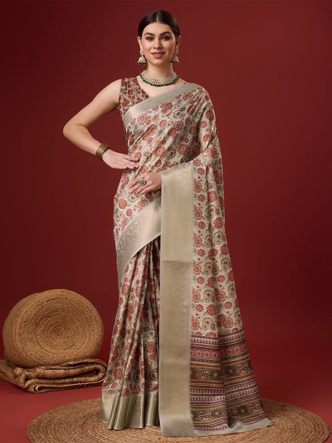 

Ishin Floral Printed Zari Saree, Cream