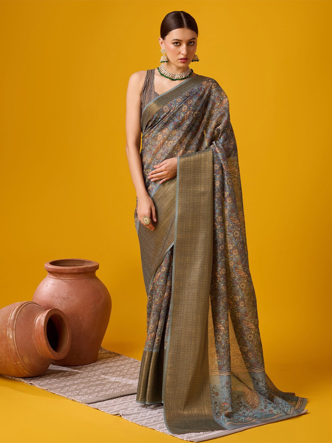 

Ishin Kalamkari Printed Zari Saree, Grey