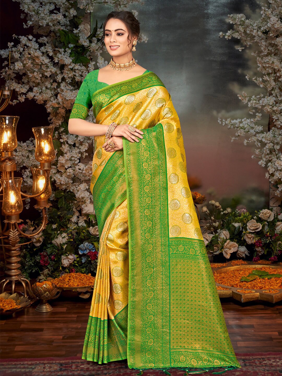 

Ishin Ethnic Woven Design Zari Kanjeevaram Saree, Yellow