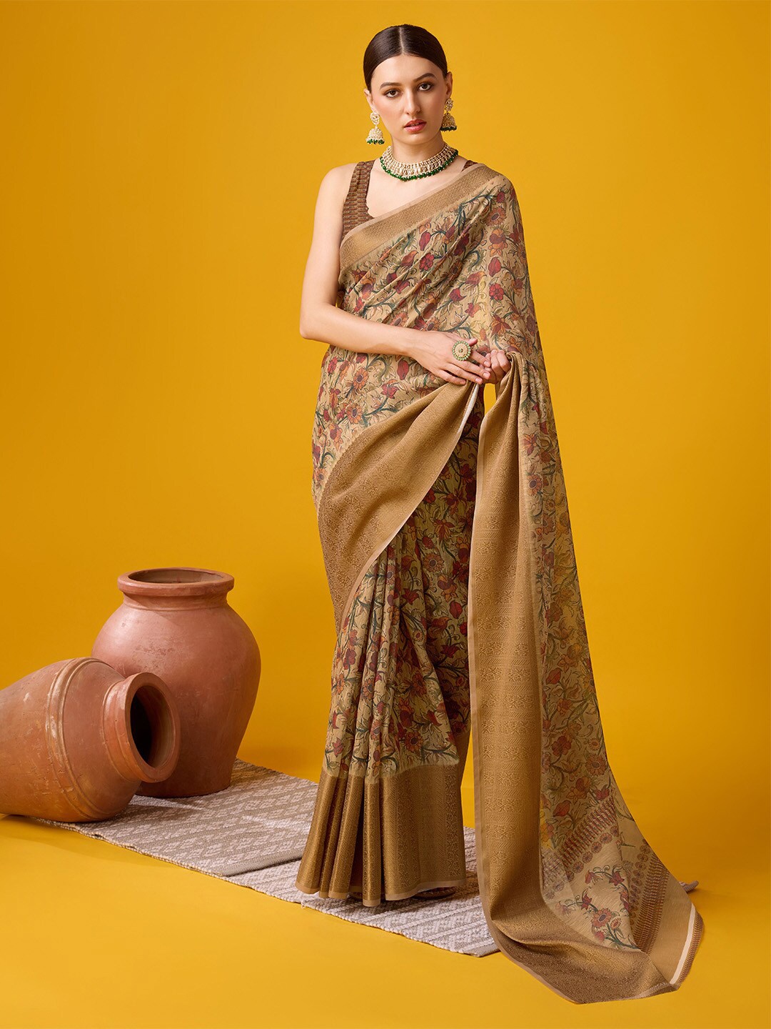 

Ishin Floral Printed Zari Saree, Brown