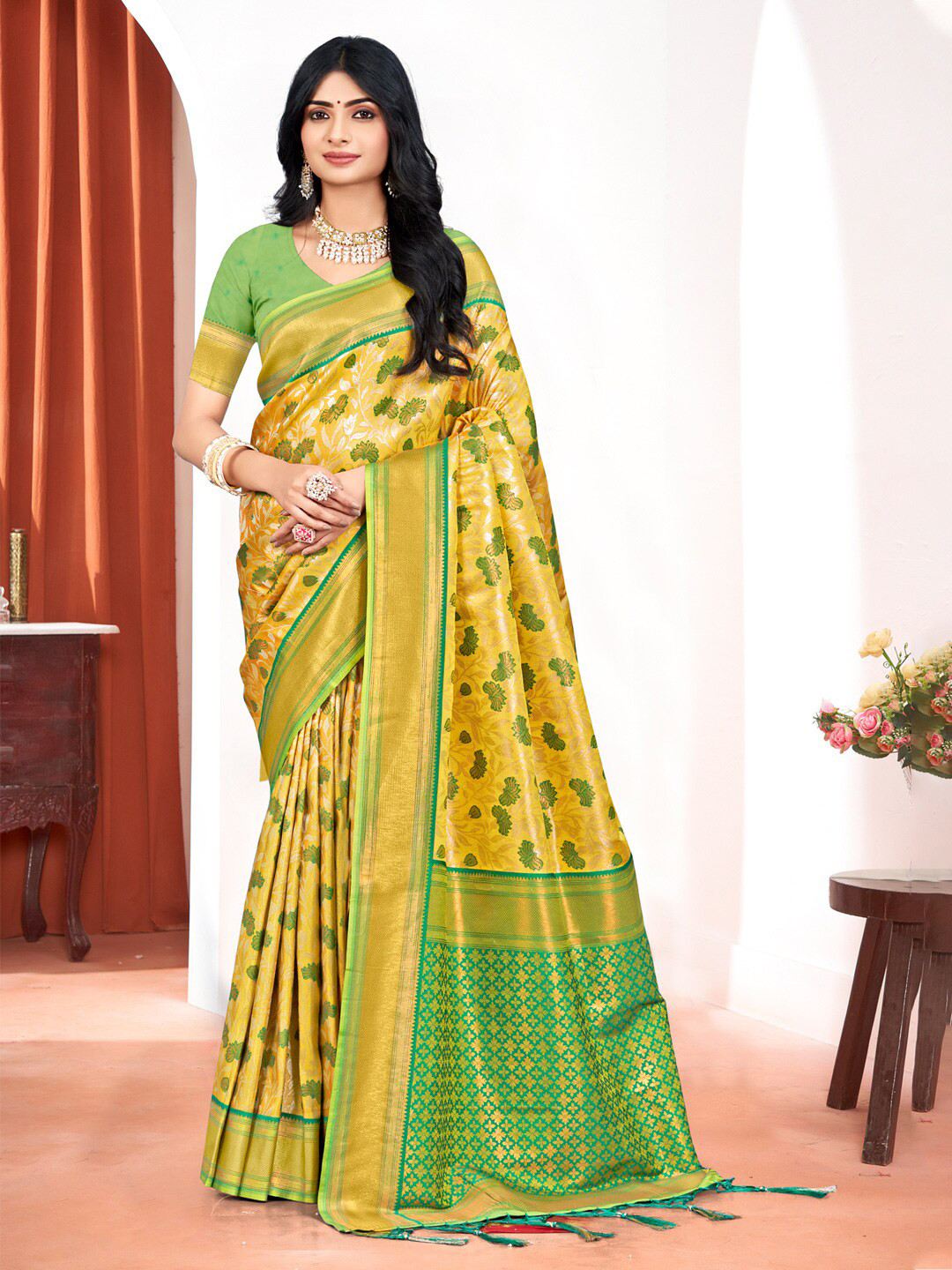 

Ishin Floral Woven Design Zari Kanjeevaram Saree, Yellow